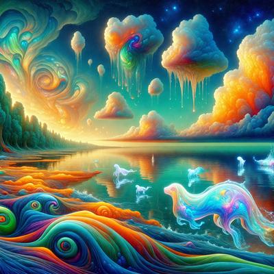 The primary subject of the image is a colorful, surreal landscape featuring a variety of objects and creatures. The setting is a beach with a body of water, and the visual style is a combination of digital art and illustration. The colors and mood of the image are vibrant and whimsical, with a strong emphasis on the use of bright, bold colors.